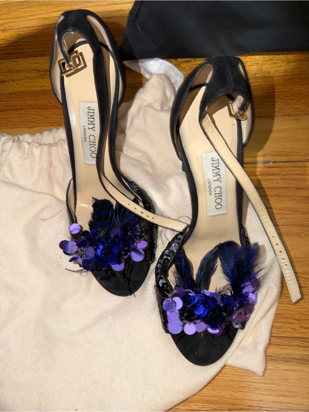 Jimmy Choo Black Heels with Purple Sequin & Feather Embellishment
